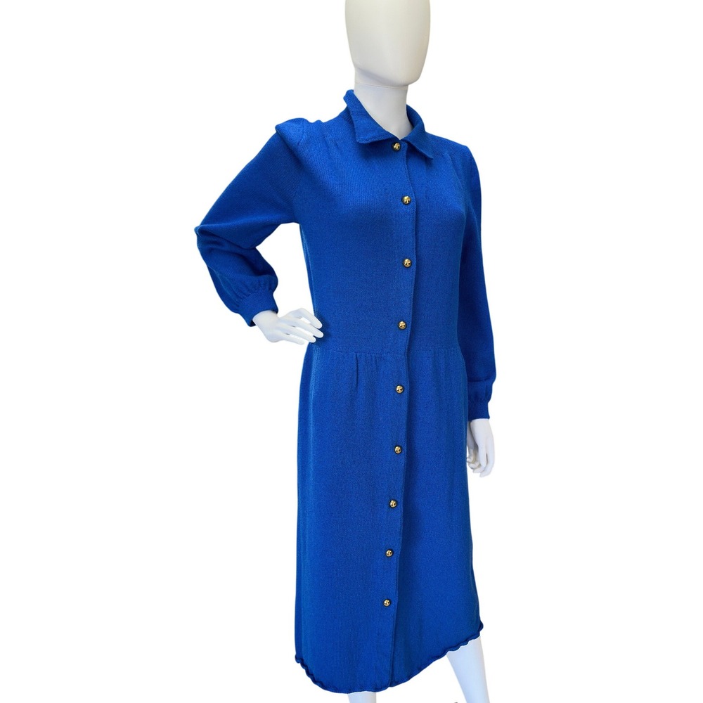 Vintage 80s Royal Blue Wool‎ Blend Knit Button Front Dress Pat Sandler Wellmore